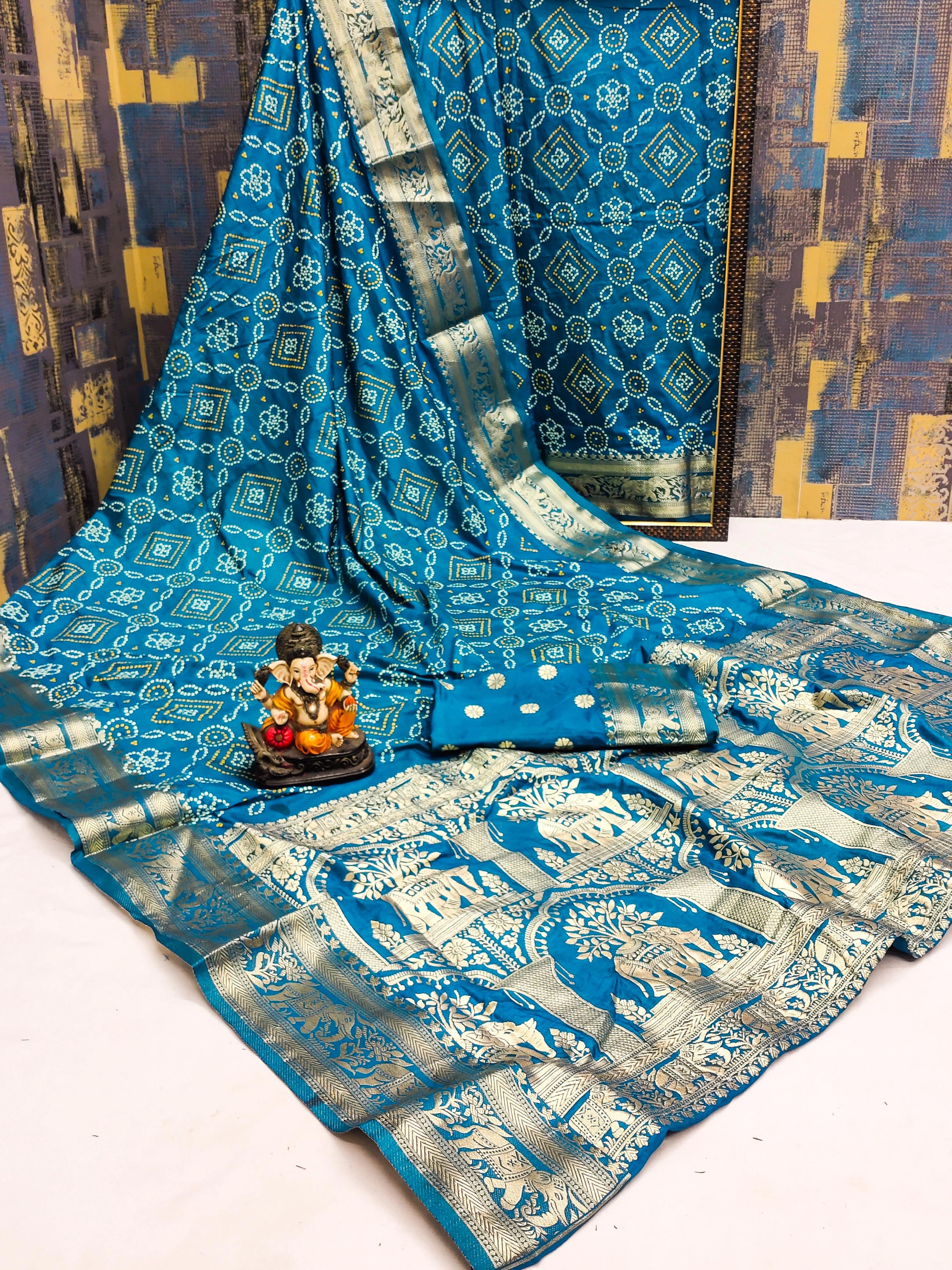 Handpicked Bandhej Print Silk Saree with Weaving Border - Lightweight &amp; Vibrant!-VAD-25-SkyBlue