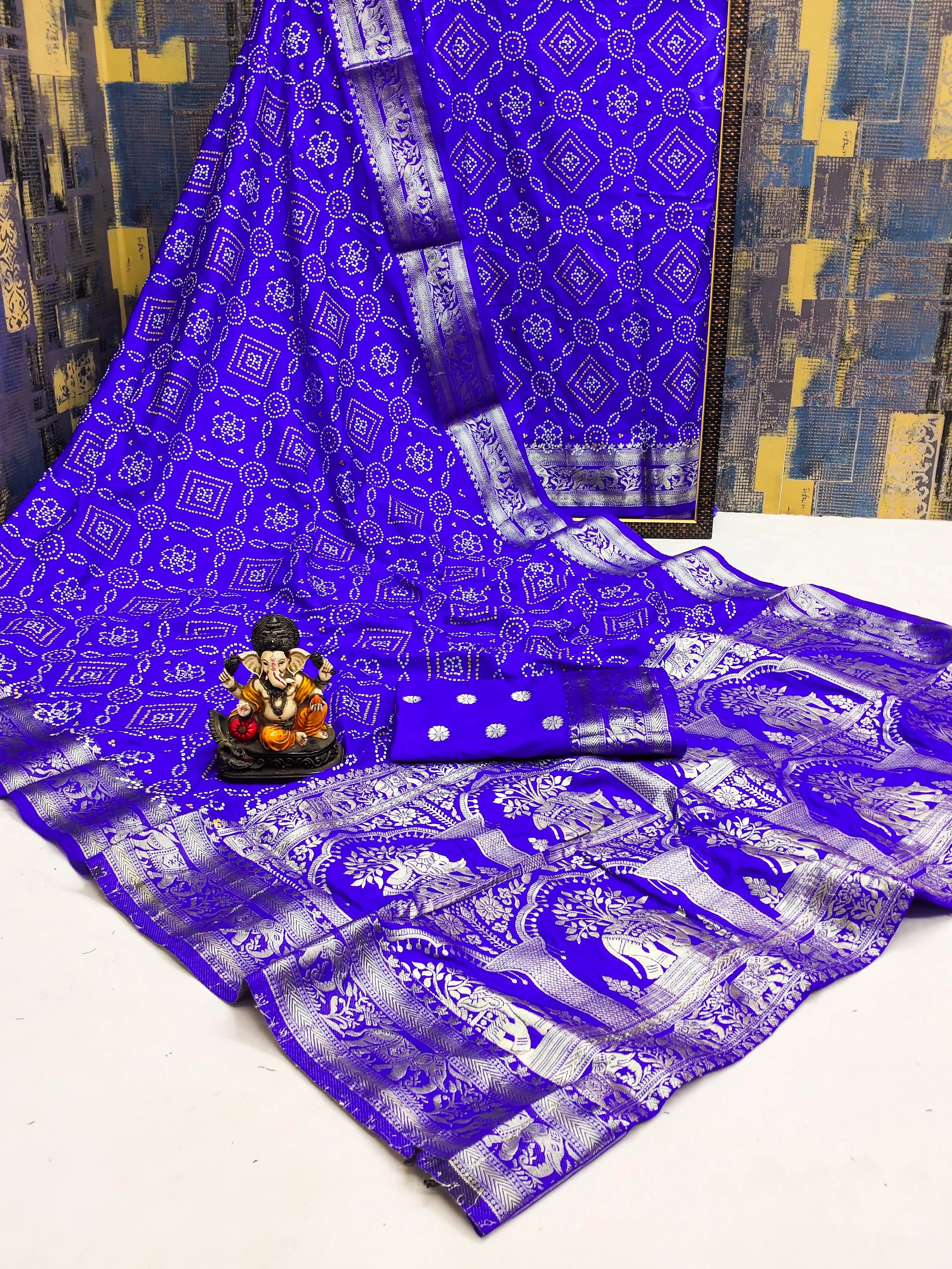 Handpicked Bandhej Print Silk Saree with Weaving Border - Lightweight &amp; Vibrant!-VAD-25-Blue