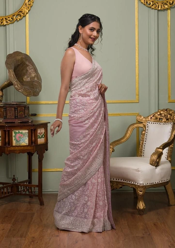 Faux Georgette Saree: Stunning White Thread and Sequin Embroidery-Pink-1