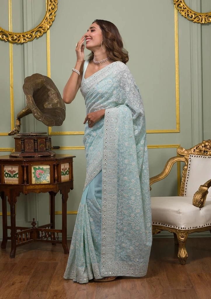 Faux Georgette Saree: Stunning White Thread and Sequin Embroidery-Sky Blue-1