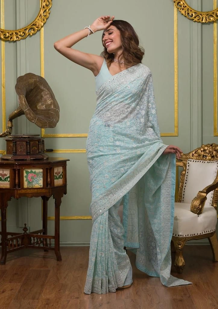 Faux Georgette Saree: Stunning White Thread and Sequin Embroidery-Sky Blue-2