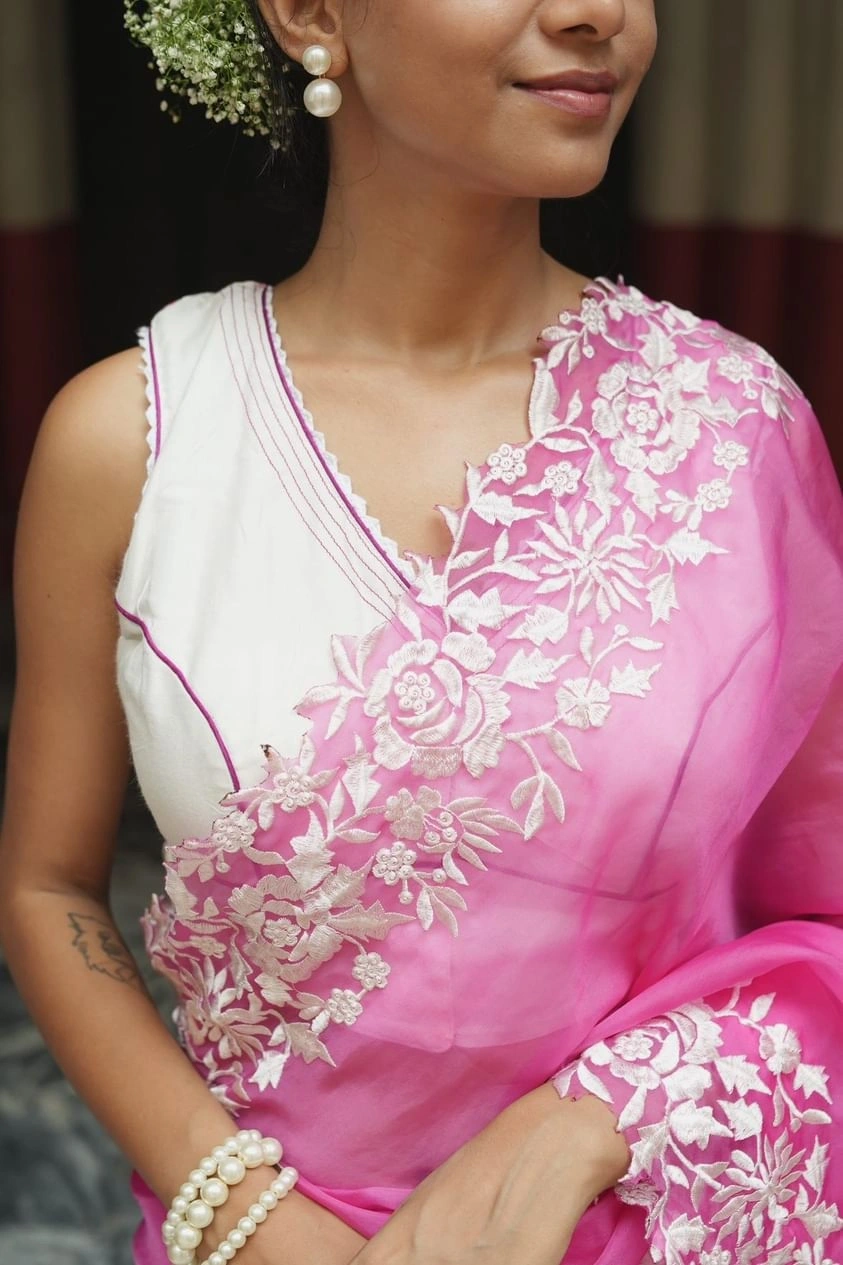 Pure Organza Saree: Elegant White Threadwork with Embroidered Silk Blouse-Rani-2