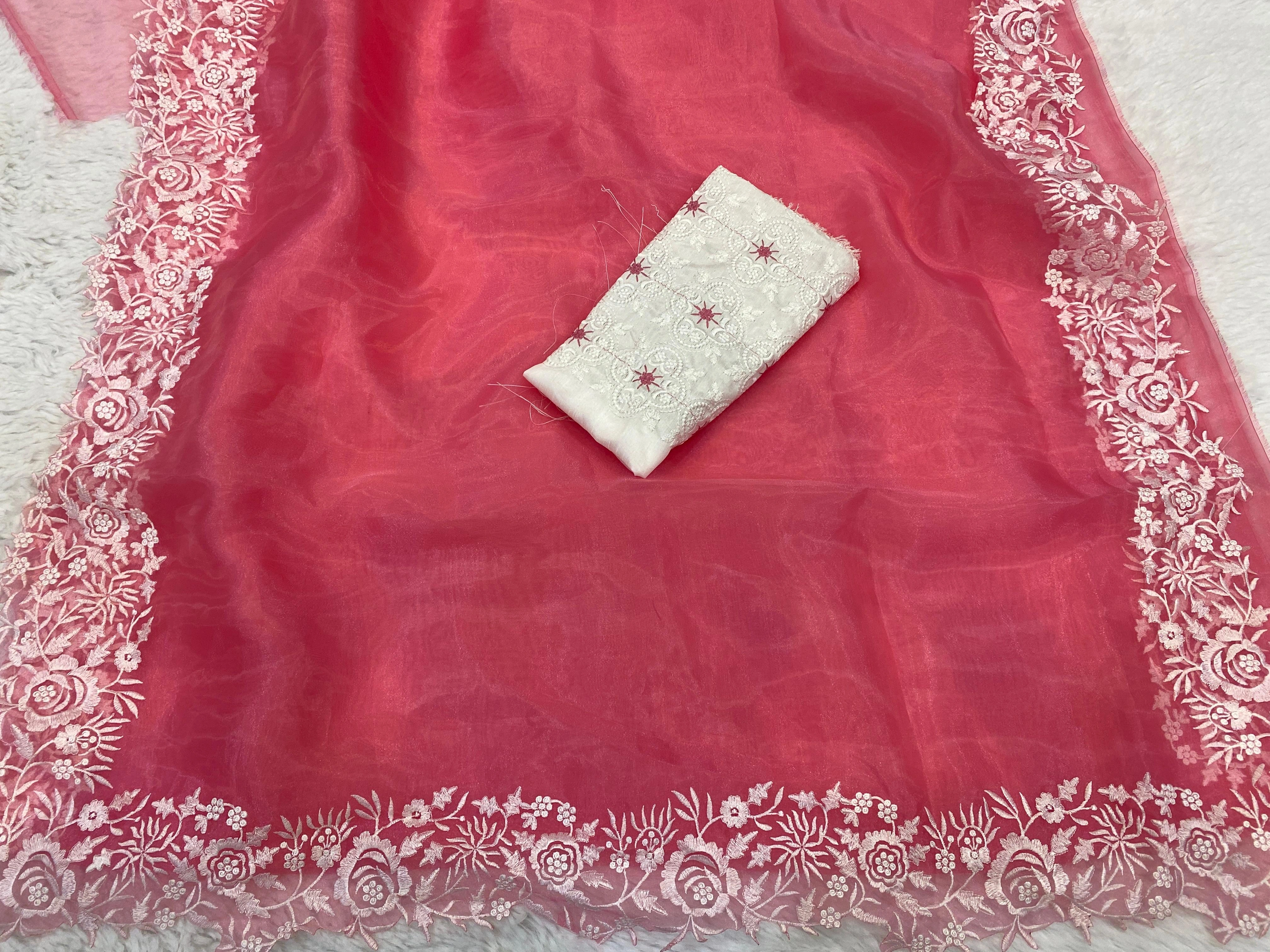 Pure Organza Saree: Elegant White Threadwork with Embroidered Silk Blouse-Rani-3