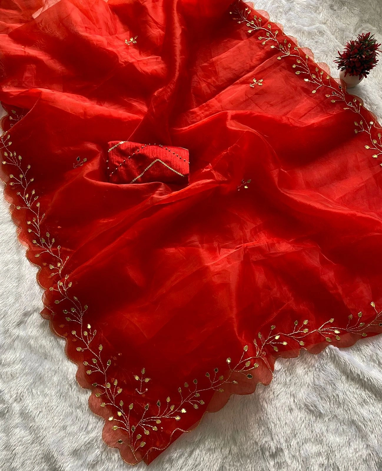 Handcrafted Pearl and Mirror Work Organza Saree Set-Red-3