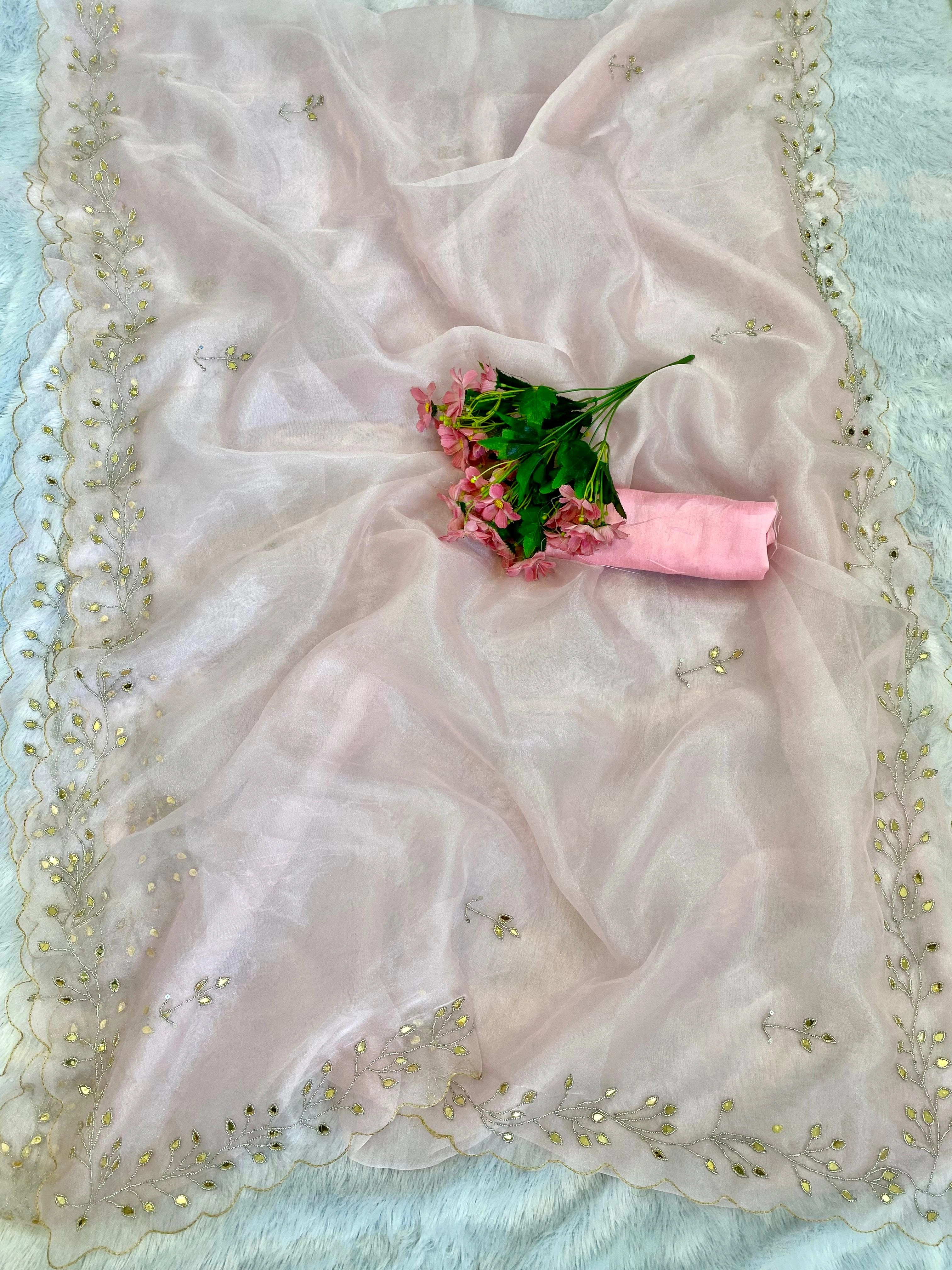 Handcrafted Pearl and Mirror Work Organza Saree Set-Pink-2