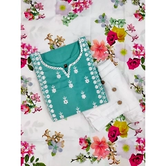 Embroidered Cotton Kurti Set with Printed Dupatta - Chic & Stylish