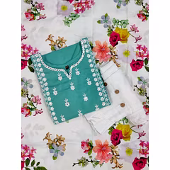 Embroidered Cotton Kurti Set with Printed Dupatta - Chic & Stylish