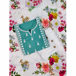 Embroidered Cotton Kurti Set with Printed Dupatta - Chic & Stylish