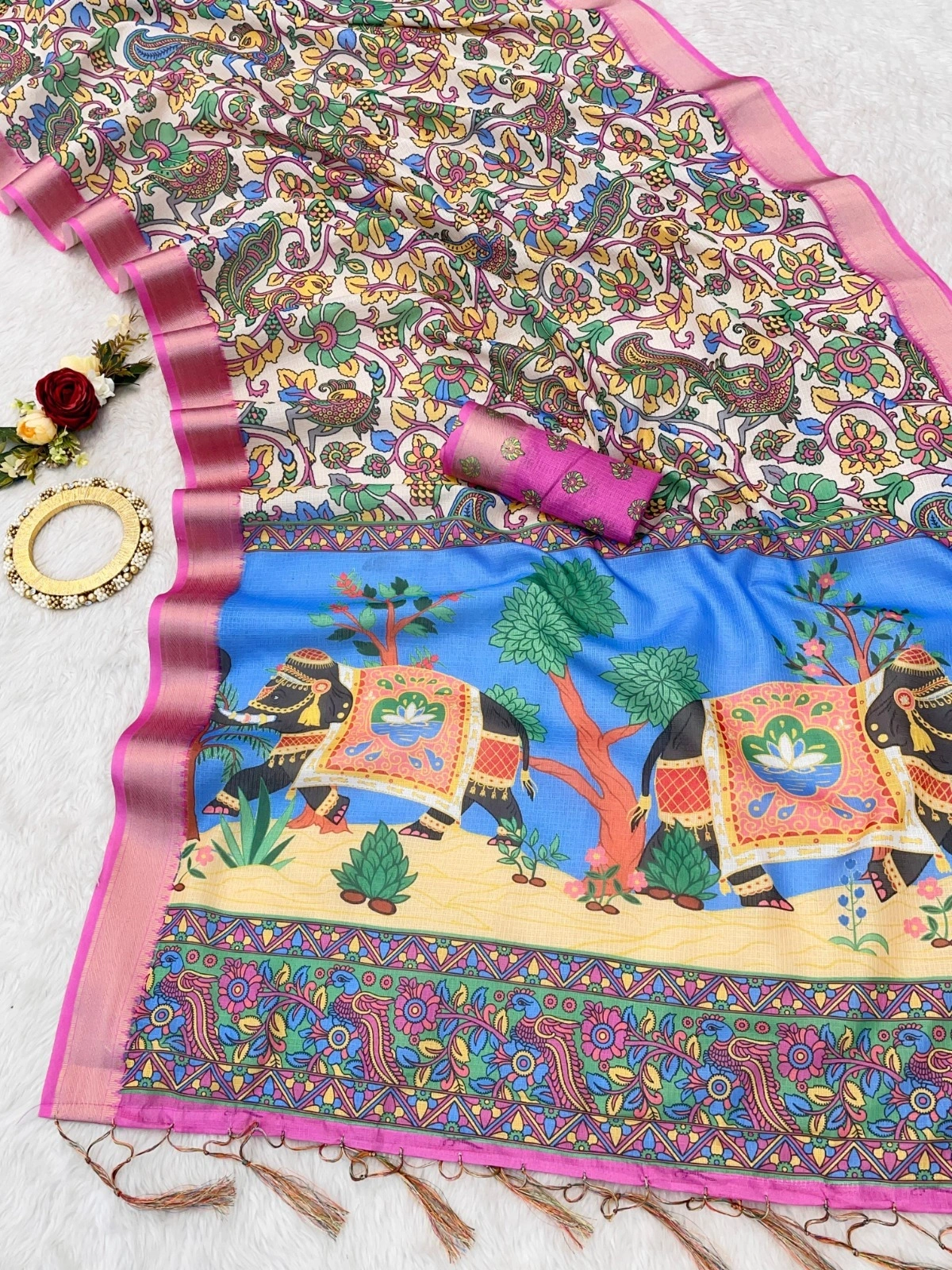 Rich Kotta Silk Saree: Exquisite Digital Print, Pure Zari Border-Pink-1