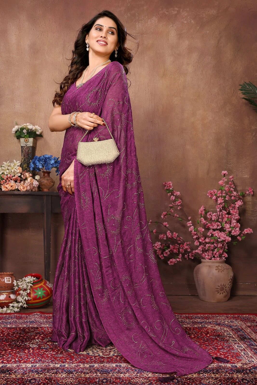 Mukesh Stone Work Silk Saree with Brocade Blouse-KSF-RANGOLI-Wine