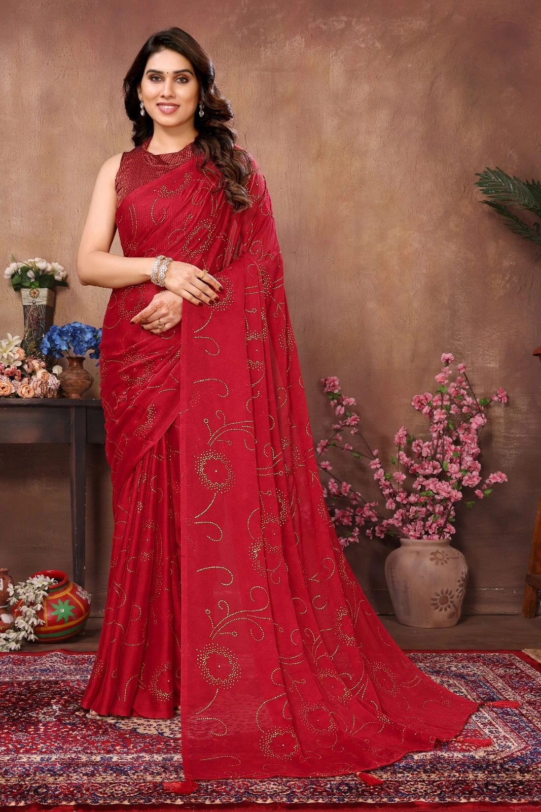 Mukesh Stone Work Silk Saree with Brocade Blouse-KSF-RANGOLI-Red