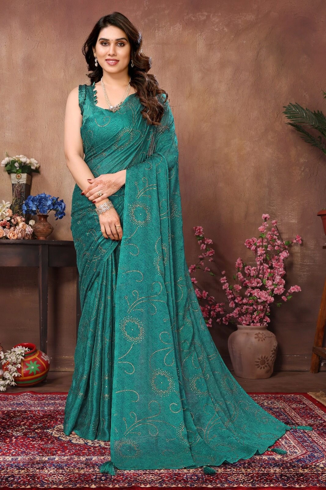 Mukesh Stone Work Silk Saree with Brocade Blouse-Rama-1