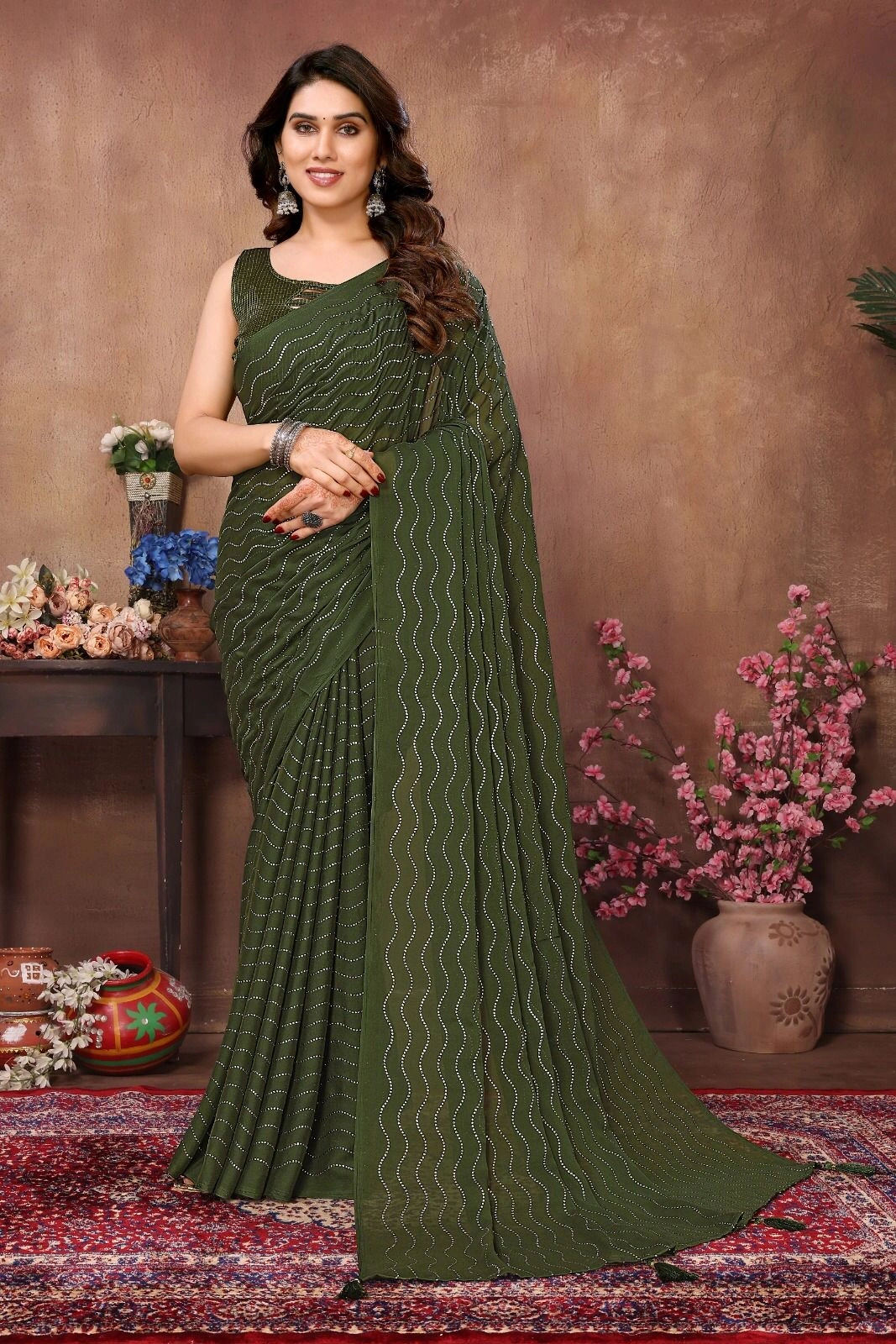 Mukesh Stone Work Silk Saree with Brocade Blouse-Mehendi-1