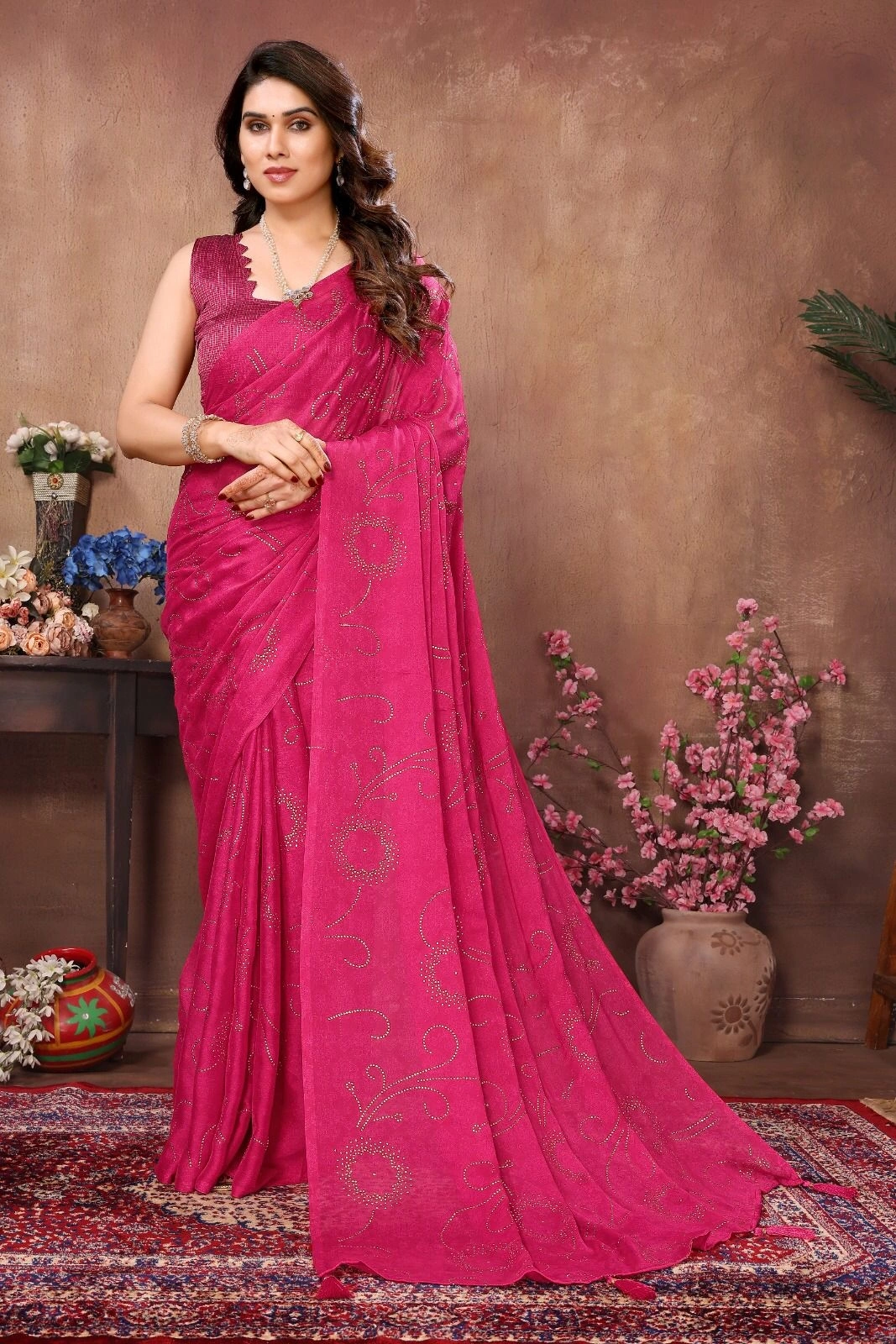 Mukesh Stone Work Silk Saree with Brocade Blouse-Rani-1