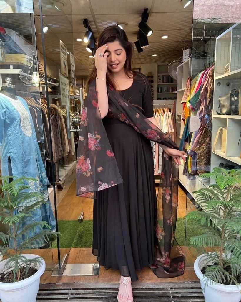 Faux Georgette Gown with Full Sleeves and Dupatta-KSF-MICRO-Black