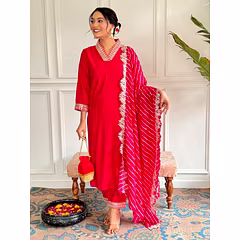 Stylish Embroidered PV Chanderi Set with Muslin Print Dupatta