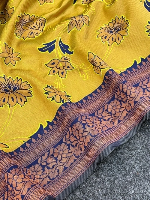 Exquisite Banarasi Silk Saree with Stunning Zari and Jacquard Details-Yellow-1