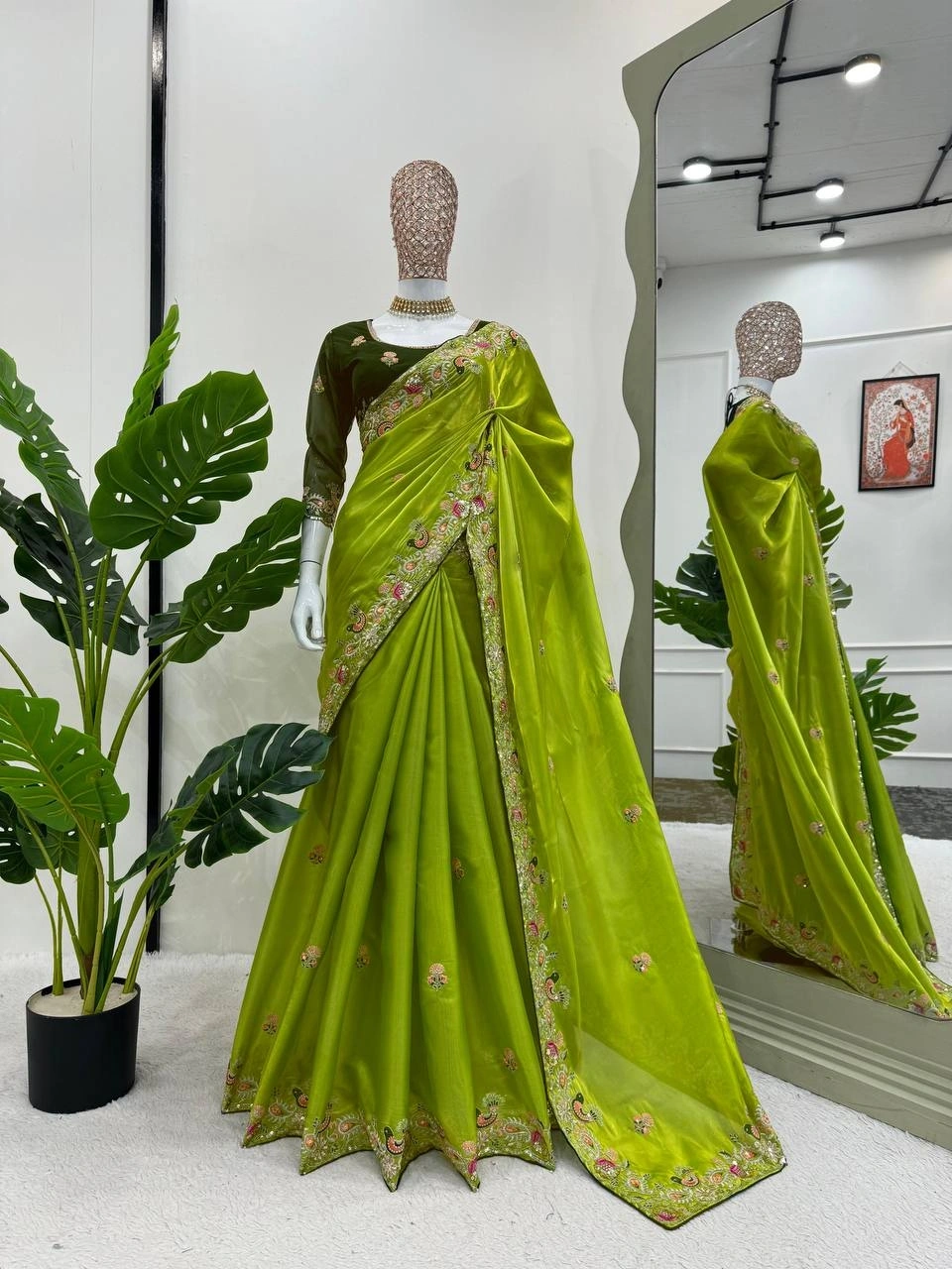 Designer Jimmy Chu Silk Saree with Thread &amp; Sequence Work-RKD-505-Green