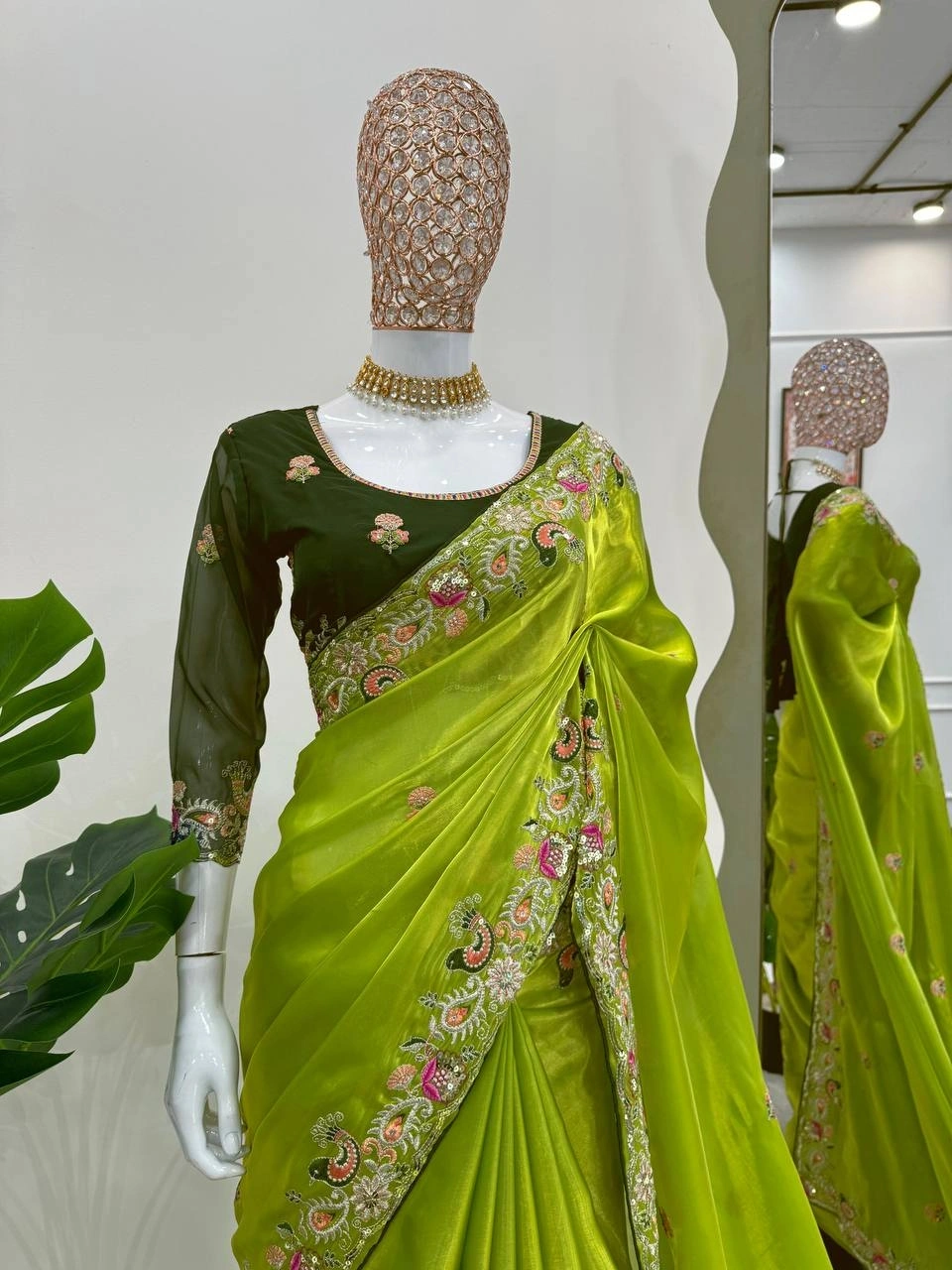 Designer Jimmy Chu Silk Saree with Thread &amp; Sequence Work-Green-1