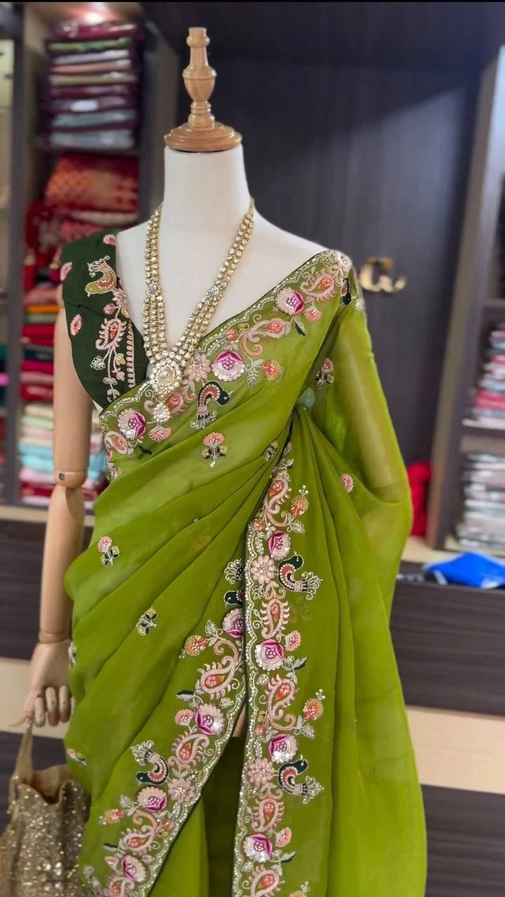 Designer Jimmy Chu Silk Saree with Thread &amp; Sequence Work-Green-3