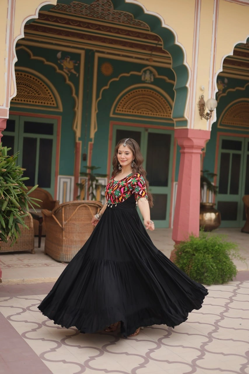 Elegant Black Reyon Gown: Intricate Kutchi Gamthi Kodi Work, L Size, 54 Inch Length, 10 Meter Flair-RLW-9188-Black-L