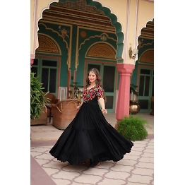 YNF Elegant Black Reyon Gown: Intricate Kutchi Gamthi Kodi Work, L Size, 54 Inch Length, 10 Meter Flair