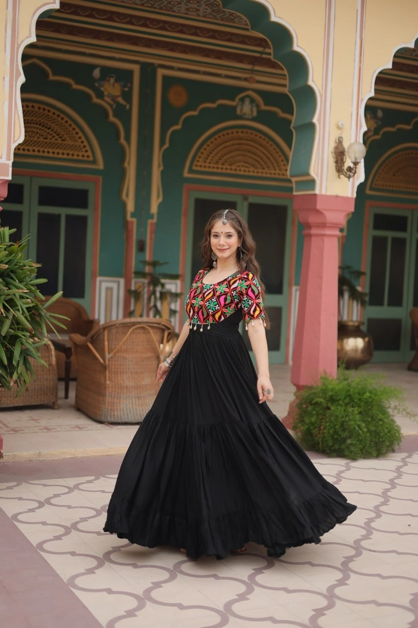 Elegant Black Reyon Gown: Intricate Kutchi Gamthi Kodi Work, L Size, 54 Inch Length, 10 Meter Flair-Black-L-1