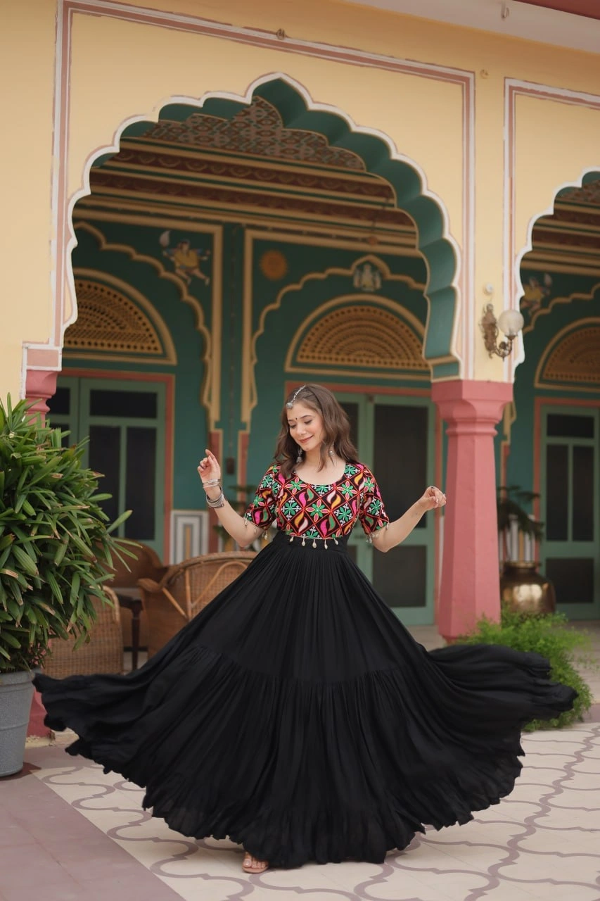 Elegant Black Reyon Gown: Intricate Kutchi Gamthi Kodi Work, L Size, 54 Inch Length, 10 Meter Flair-Black-L-2