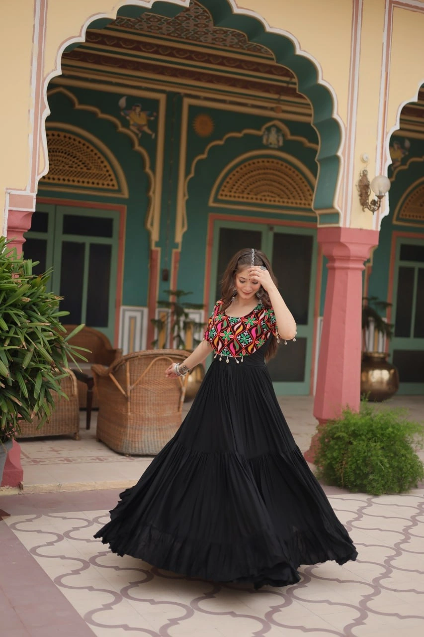 Elegant Black Reyon Gown: Intricate Kutchi Gamthi Kodi Work, L Size, 54 Inch Length, 10 Meter Flair-Black-L-4