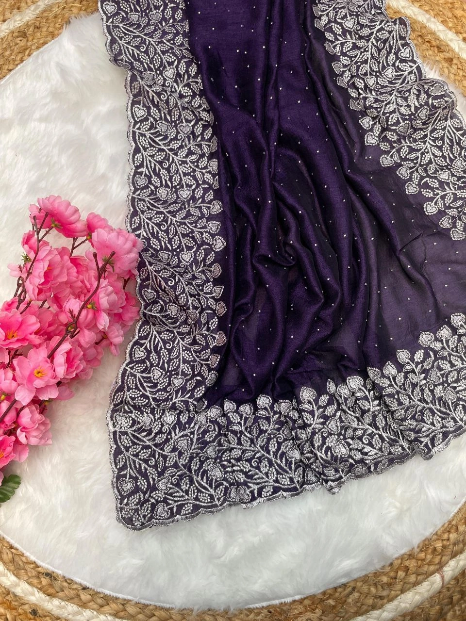 Soft Vichitra Saree with Stunning Silver Zari and Diamond Work-Purple-1