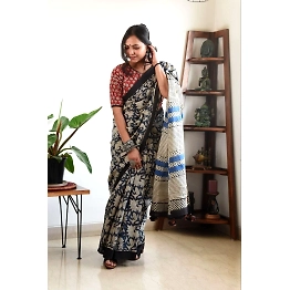 YNF Plain Linen Digital Print Saree with Matching Blouse Fabric