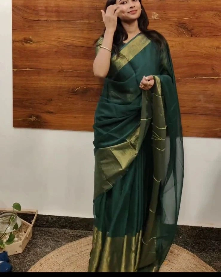 Stunning Ready-to-Wear Georgette Silk Saree: Yellow &amp; Dark Blue Combination-RDD-11-Green