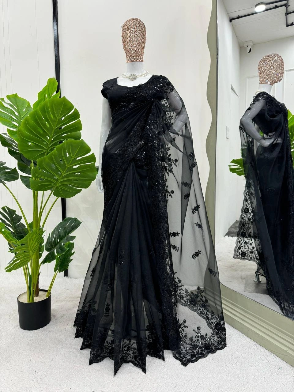 Organza Silk Saree with Thread &amp; Sequin Embroidery-RKD-506-Black