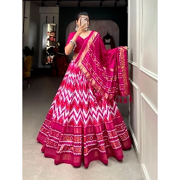 Tussar Silk Leheriya Lehenga Set with Foil Print