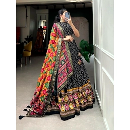 Tussar Silk Lehenga with Bandhej and Patola Print