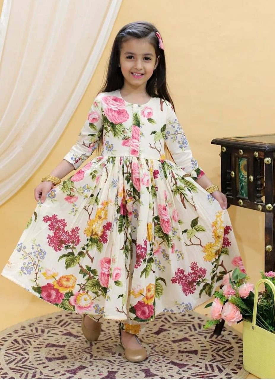 Digital Print Gown with Micro Cotton Inner and Heavy Lace-ROC-180-White-4y