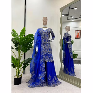 Chinon Silk Embroidered Suit with Plazo & Dupata