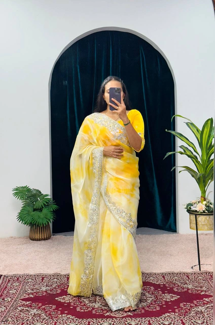 Burbary Shibori Print Saree with Embroidered Zari Border - Fully Stitched Blouse-RST-480-Yellow