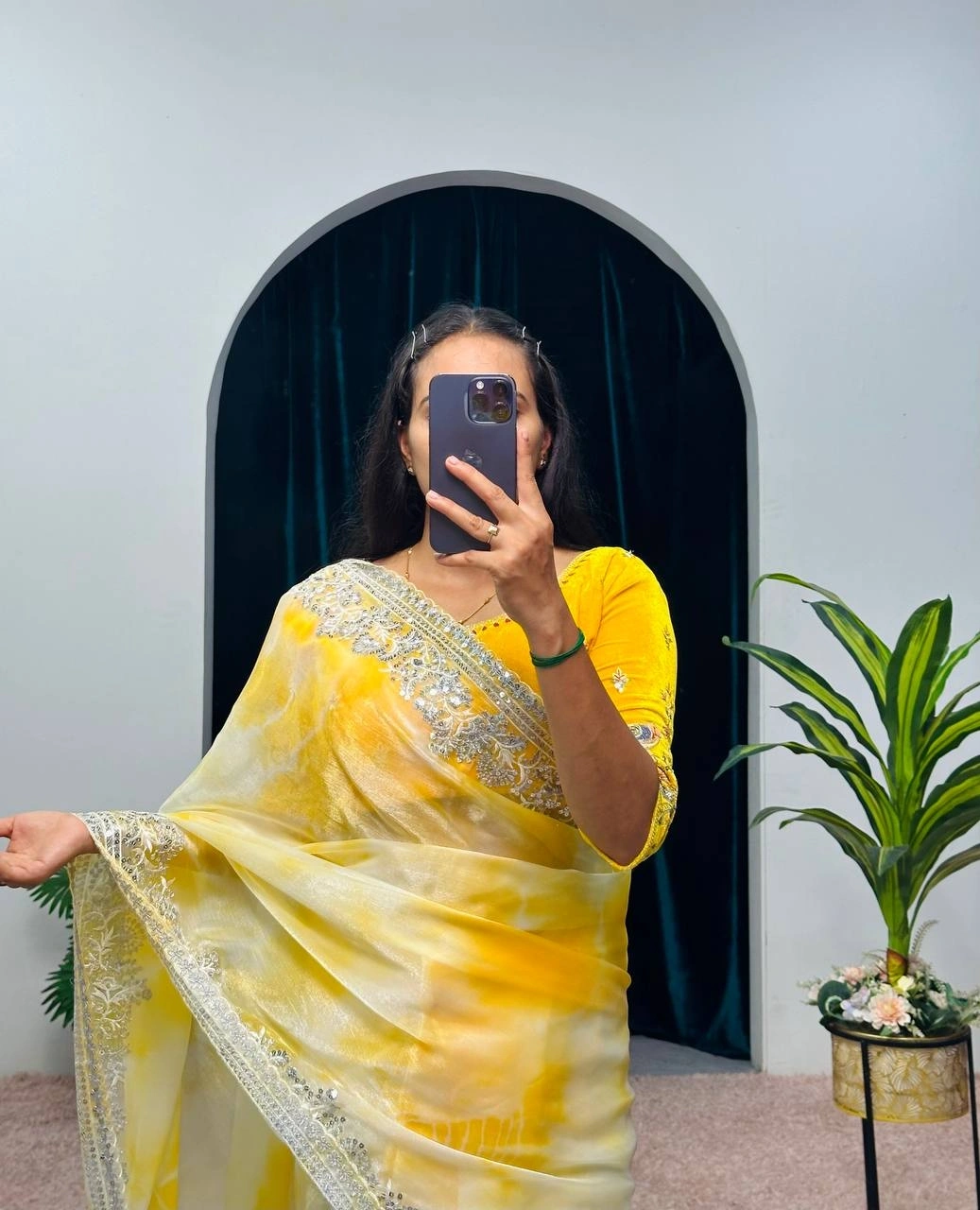 Burbary Shibori Print Saree with Embroidered Zari Border - Fully Stitched Blouse-Yellow-1