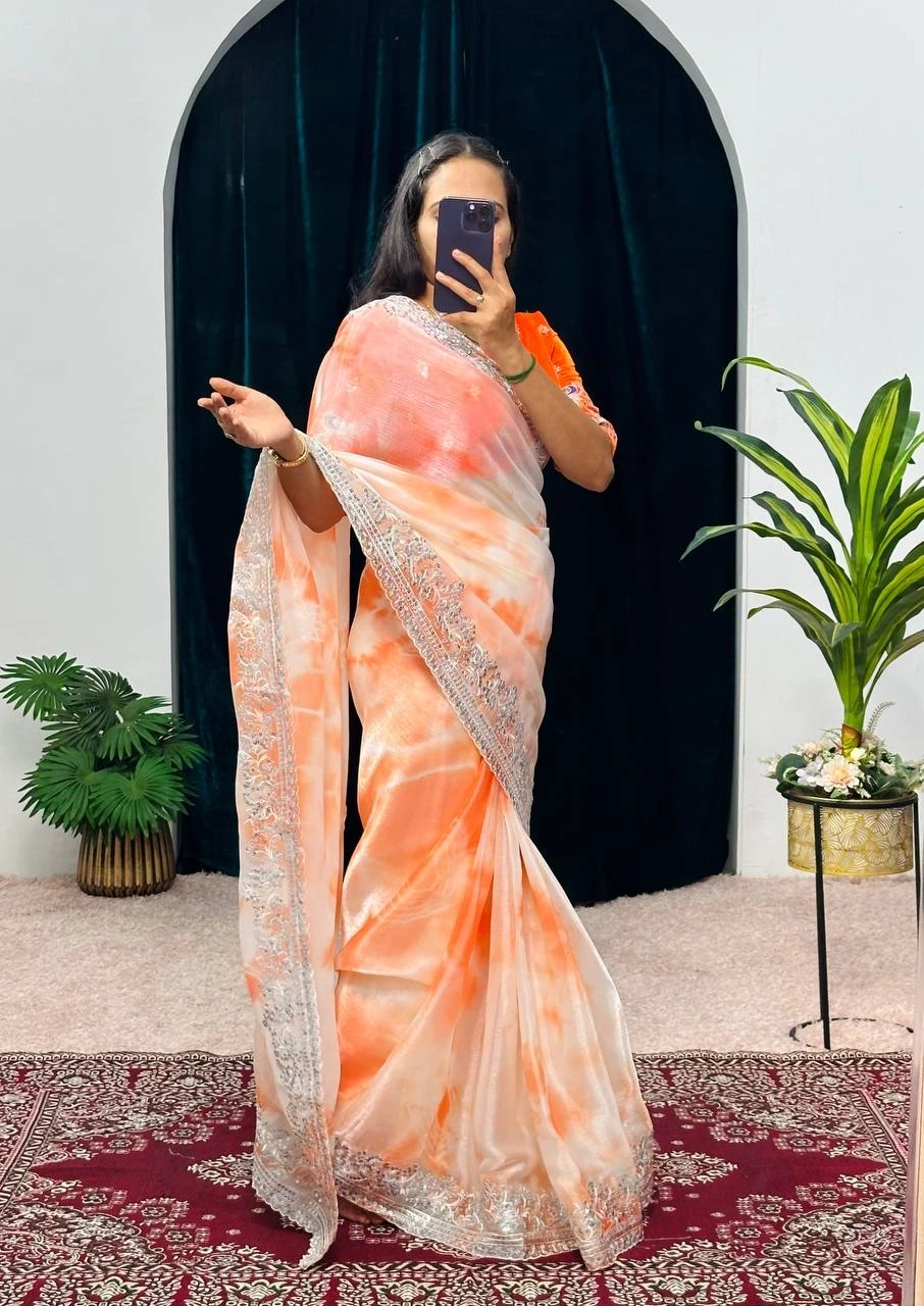 Burbary Shibori Print Saree with Embroidered Zari Border - Fully Stitched Blouse-Orange-1