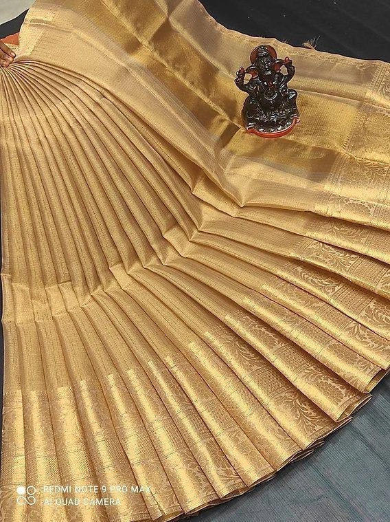 Gorgeous Kanchi Border Copper Tissue Silk Saree with Gold Blouse-Golden-2