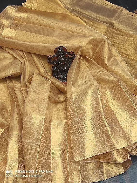 Gorgeous Kanchi Border Copper Tissue Silk Saree with Gold Blouse-Golden-5