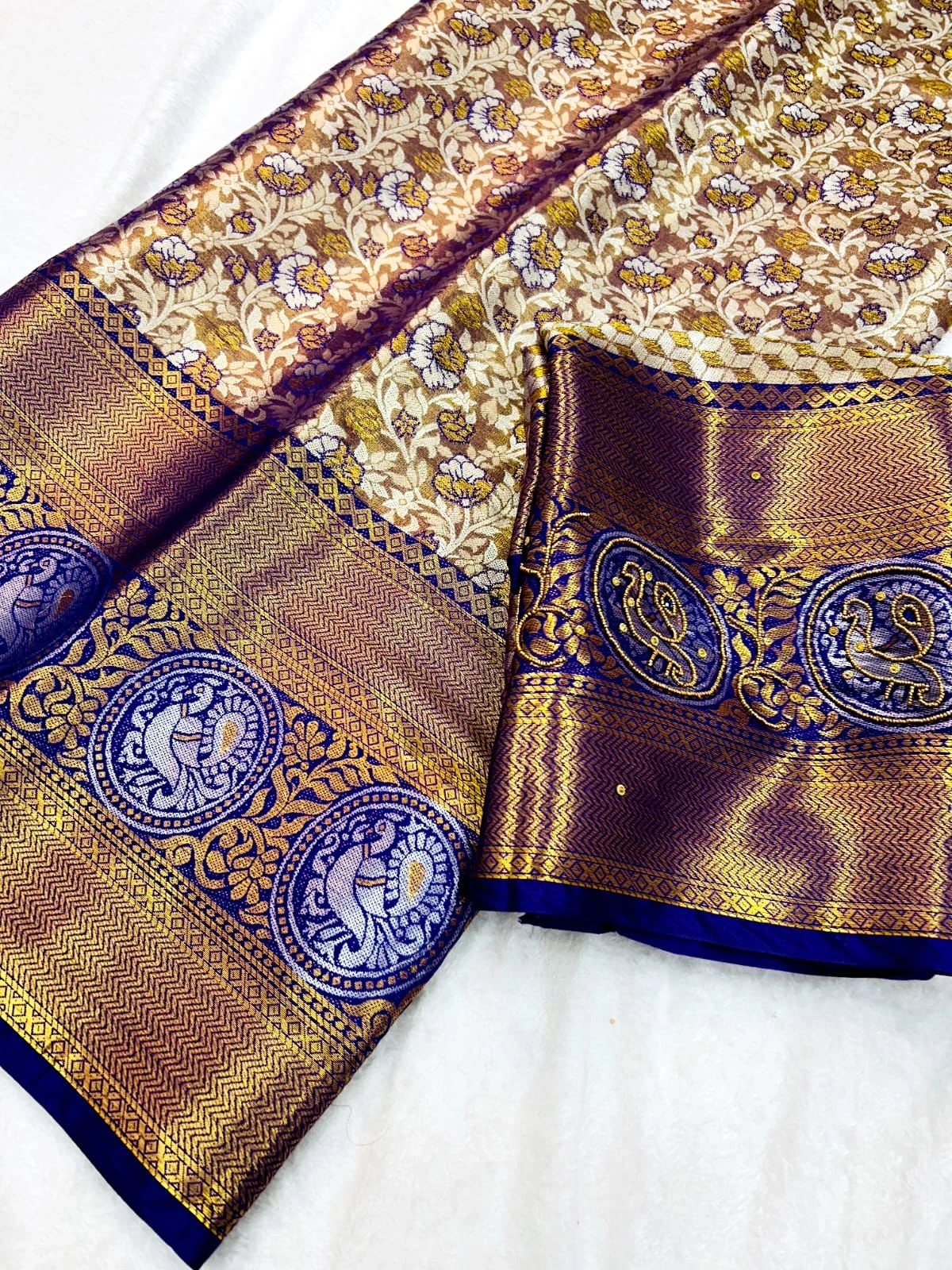 Silky Soft Kanjivaram Pattu Sarees with Rich Handwork-Beige-1