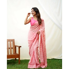 Flower Embroidered Georgette Silk Saree with Matching Blouse