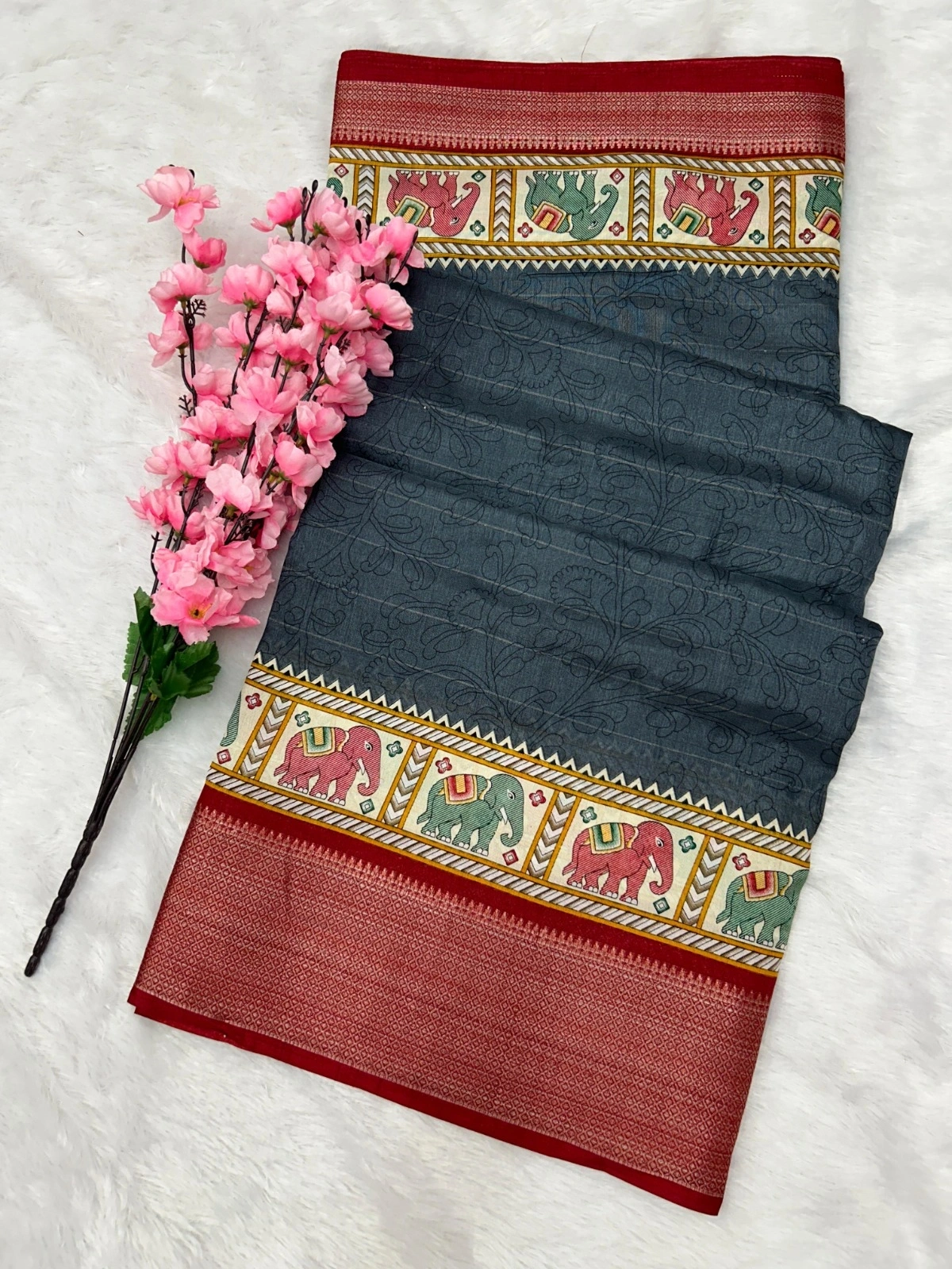 Elephant Print Saree with Kalamkari Blouse - Exquisite Silk Border-MNF-02-Black