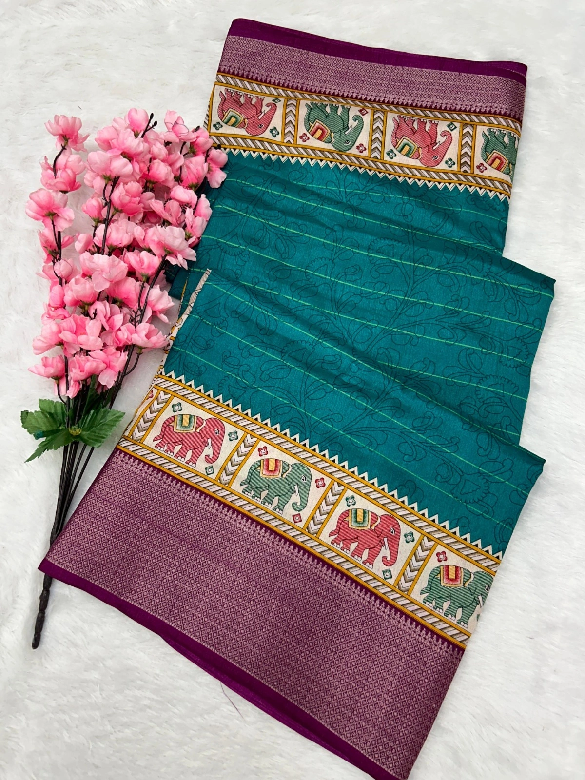 Elephant Print Saree with Kalamkari Blouse - Exquisite Silk Border-Rama-1