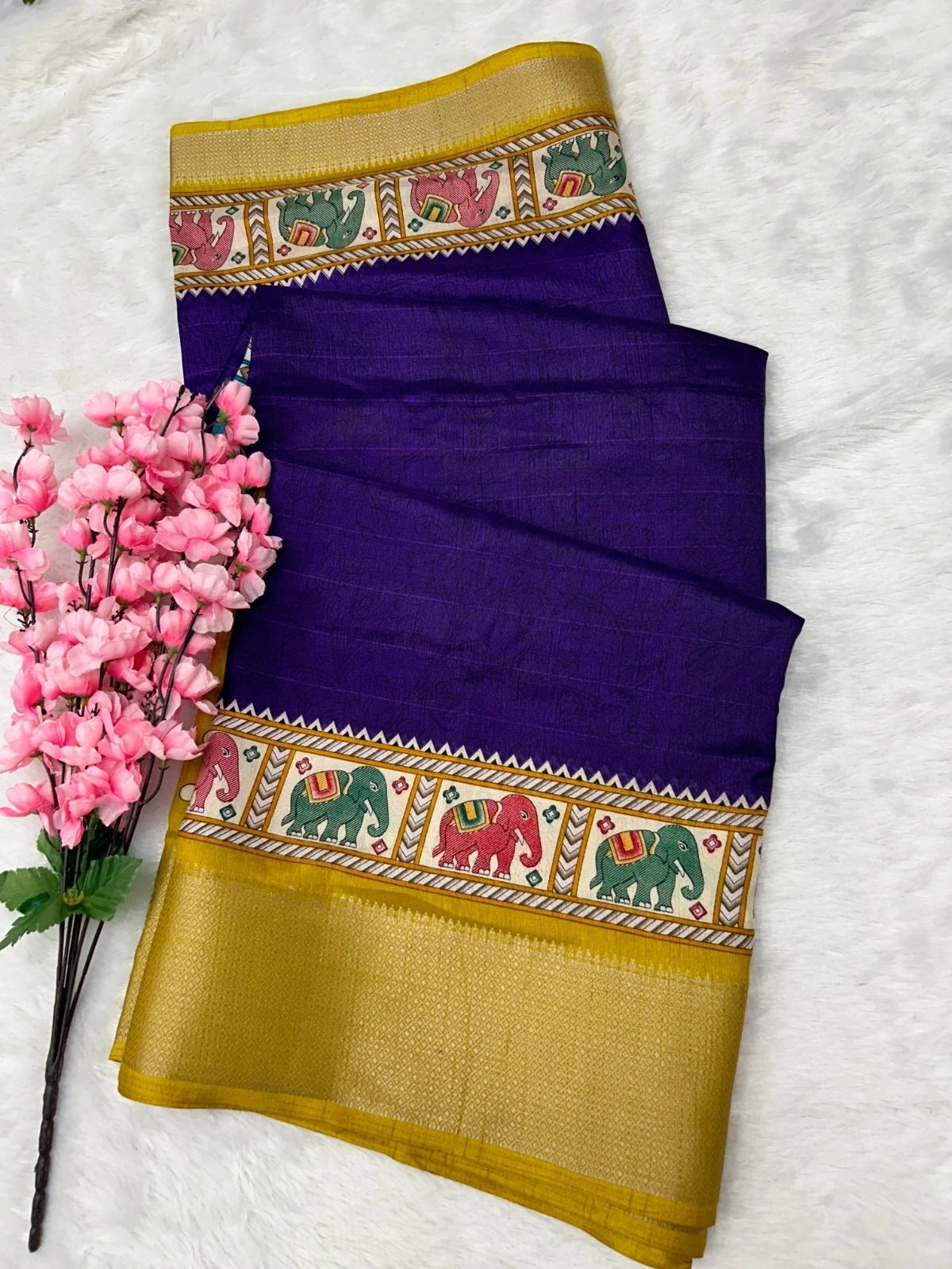 Elephant Print Saree with Kalamkari Blouse - Exquisite Silk Border-Purple-1