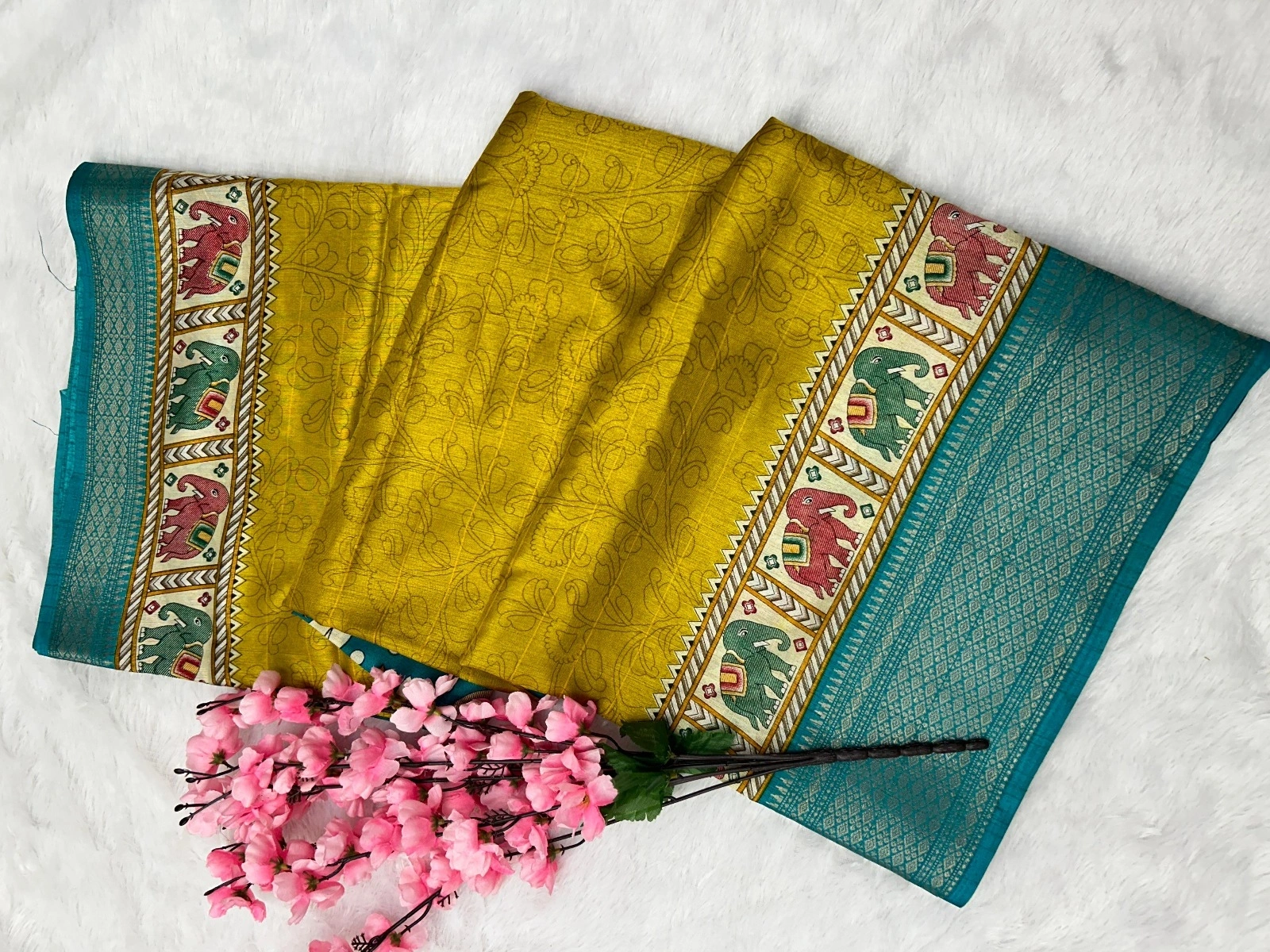 Elephant Print Saree with Kalamkari Blouse - Exquisite Silk Border-MNF-02-Yellow