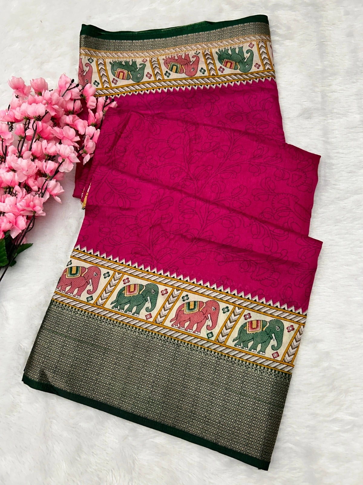 Elephant Print Saree with Kalamkari Blouse - Exquisite Silk Border-MNF-02-Red