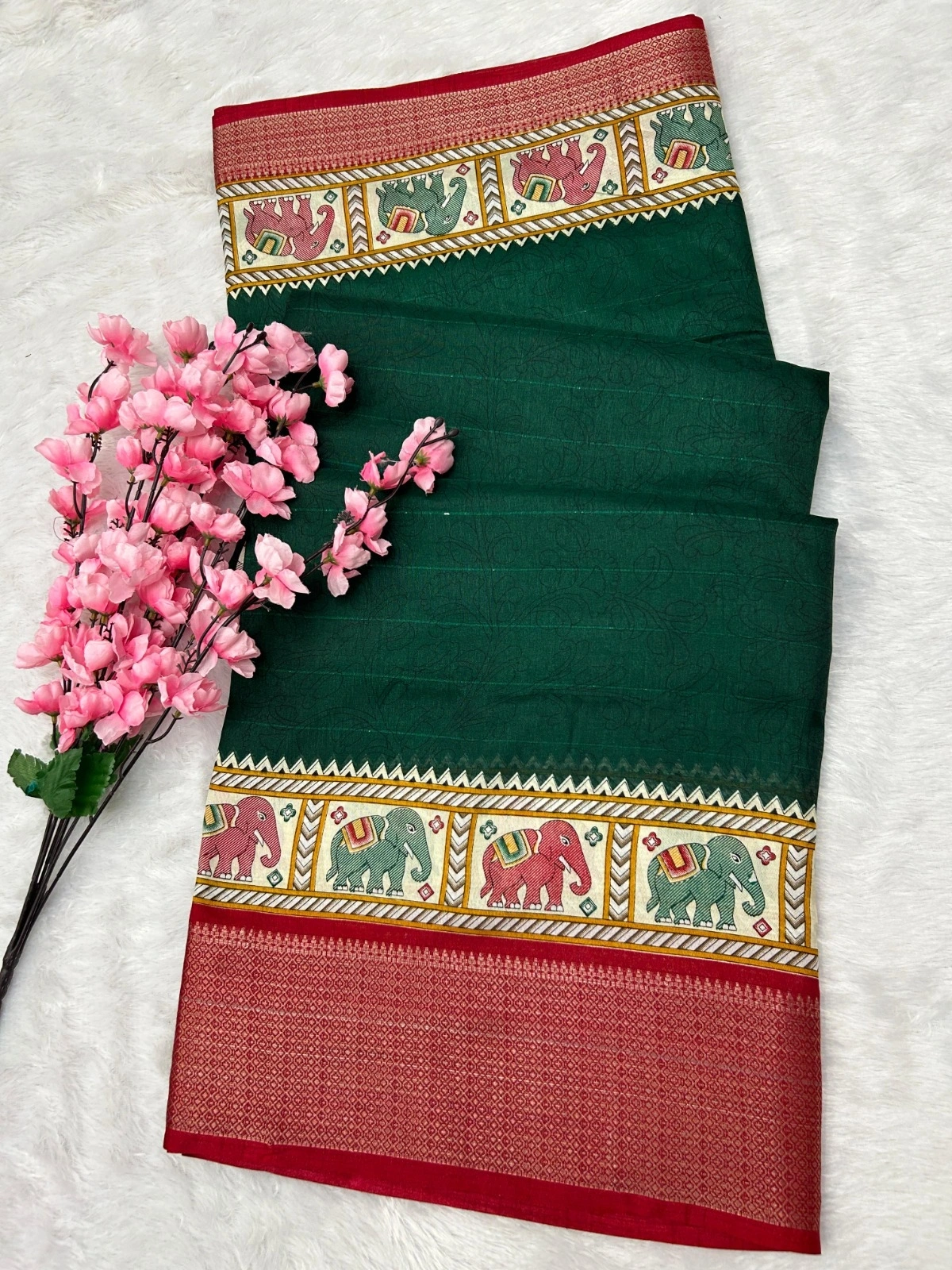 Elephant Print Saree with Kalamkari Blouse - Exquisite Silk Border-Green-1